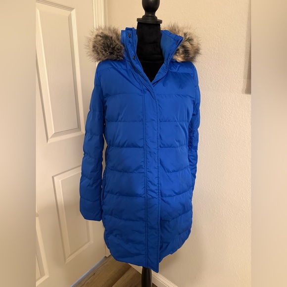 Lands' End Vibrant Blue Puffer Coat with Faux Fur Hood - Picture 5 of 8